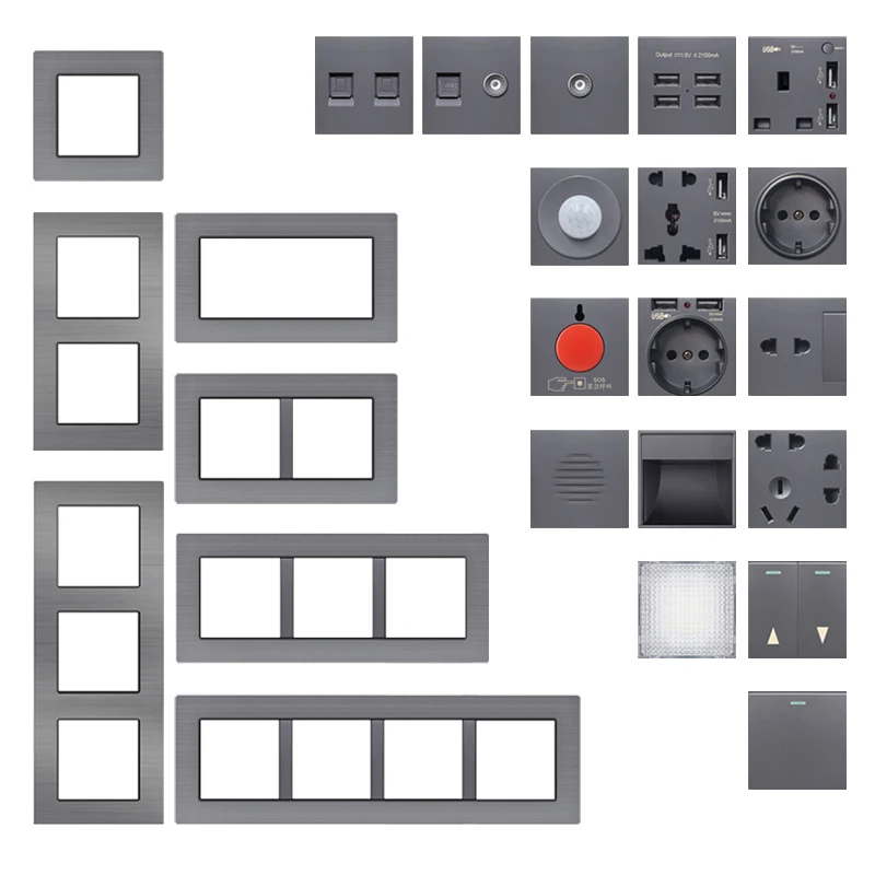 Kamanni F71 Serie Grijs Aluminium Paneel Schakelaar Eu Franse Socket Met Usb Tv RJ45 Module Diy Frame Gratis combinatie