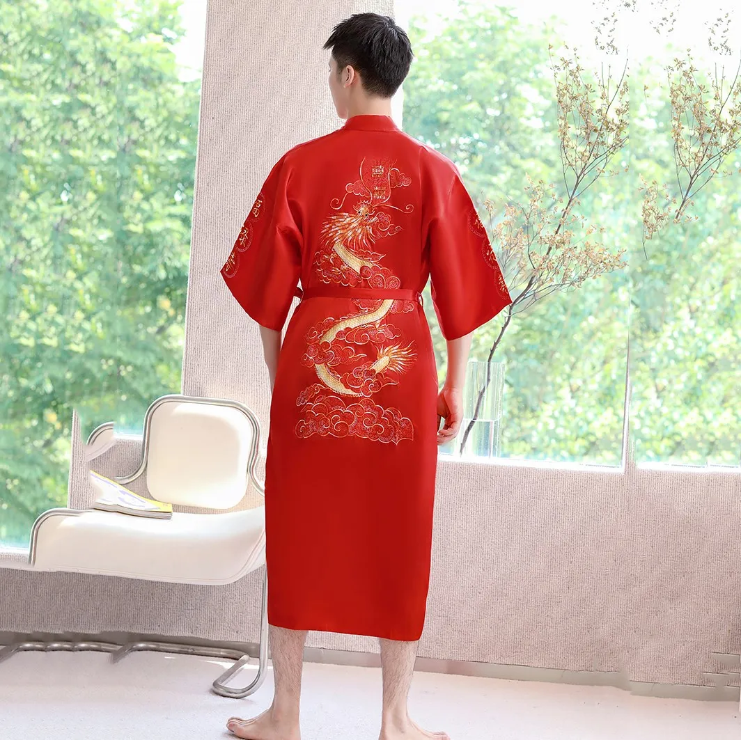 Navy Blue Embroidery Dragon Robe Nightgown Men Kimono Bathrobe Gown Satin Silk Sleepwear Nightwear  Loose Casual Home Clothes