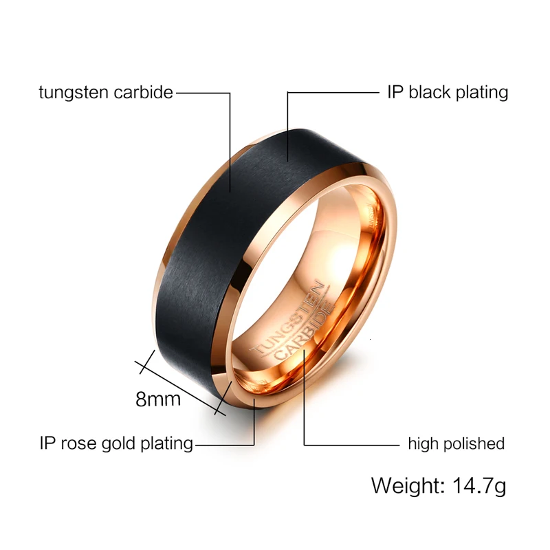 Vnox Mens Basic Tungsten Carbide Ring Classic 8mm Male Wedding Jewelry Rose-Gold Color