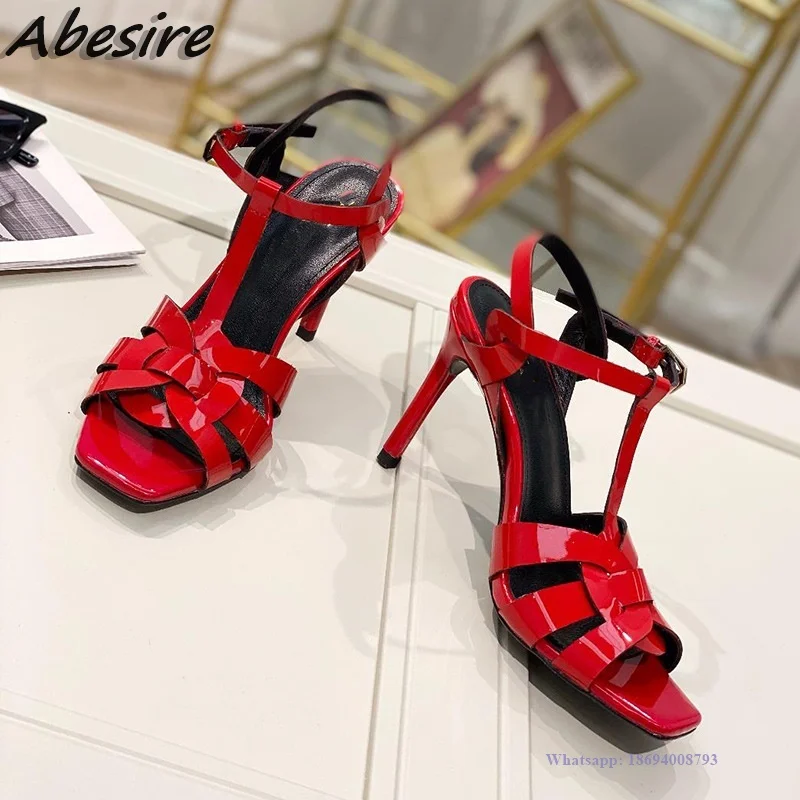 Abesire New Women\'s Sandals Square Toe Buckle Strap High Heels Summer Brown Red Shoes For Women Fashion Stilettos zapatos mujer