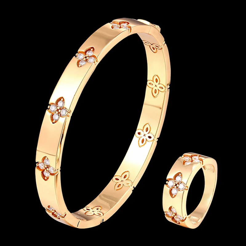 Zlxgirl News Dubai Gold Color Bracelet Ring Set for Women Captivate Bar Slider Brilliant CZ Zirconia Jewelry Pulseira Feminia