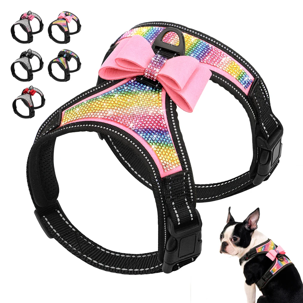 Fashion Reflective Bling Rhinestone Dog Harness Nylon Pitbull Pug Small Medium Dogs Harnesses Vest With Bowknot Dog Accessories