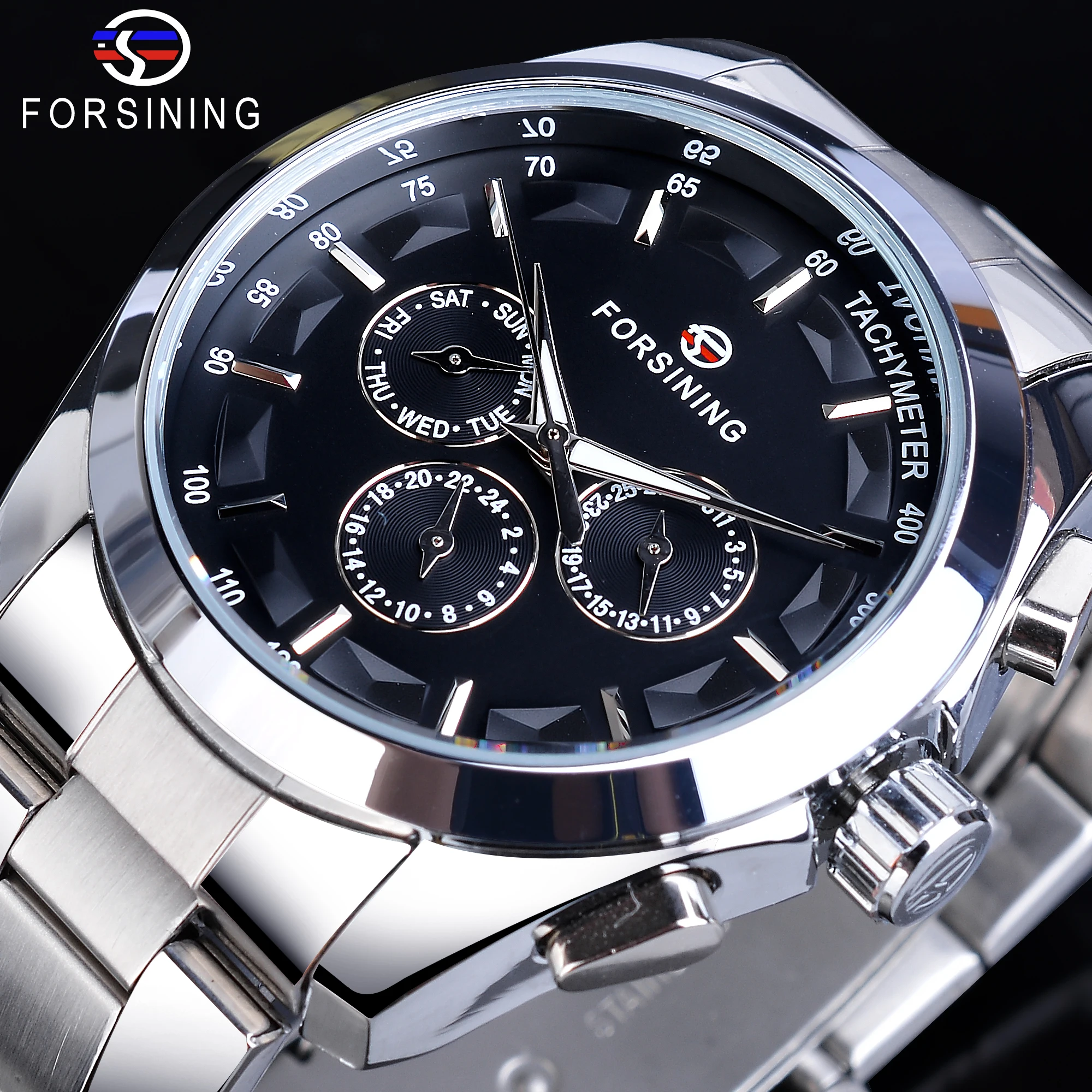 Forsining Mens Mechanical Watches Black 6 Hands Date Automatic Self-Winding Silver Stainless Steel Band Wristwatch Clock Relogio