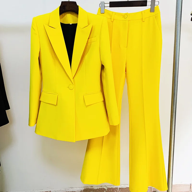 Office Ladies Pantsuit Women Yellow Purple Business Classic Single Buttons Flared Pants Blazer + Pants Two Piece Set Formal Suit