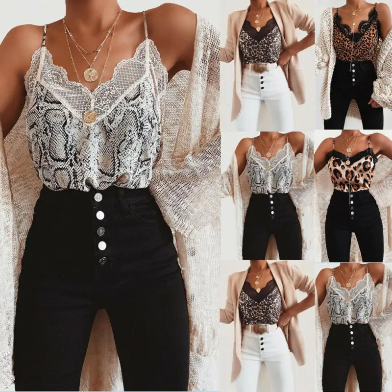 Women Lace Leopard Print Vest Ladies Sleeveless Vest Tank Tops Ladies Loose V-Neck Camisole T-Shirt Ladies Tops Clothing