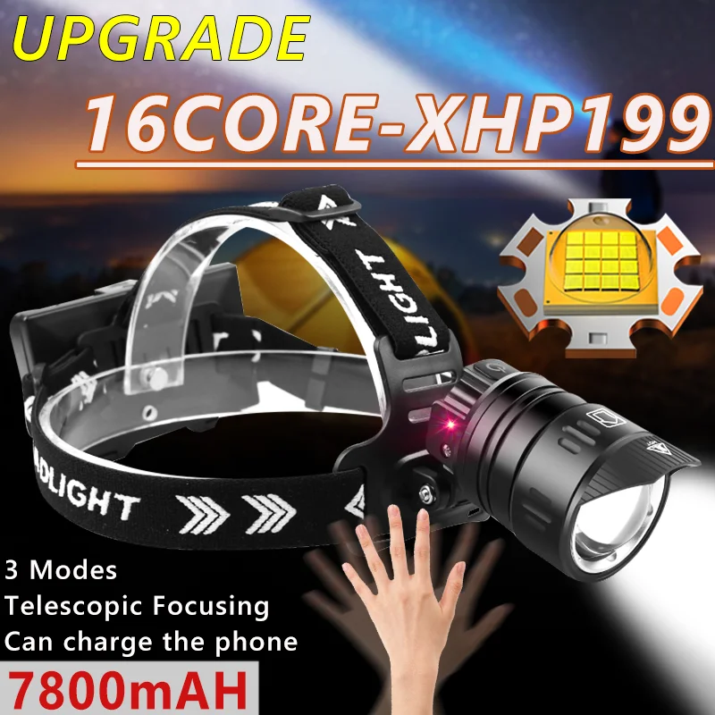 80000Lm Upgrade XHP199 Powerful LED Headlamp With IR Sensor 7800mAH USB Rechargeable Headlight Flashlight Zoom Torch For Camping