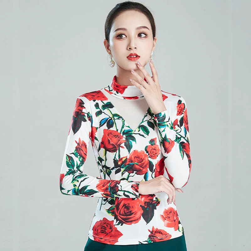 

Latin Dance Top Women's High Neck 2021 New Floral Ice Silk Long-Sleeved Ballroom Modern Dance Clothing