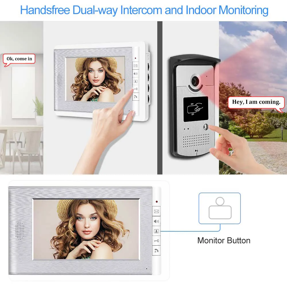 RFID Video Intercom System Door Phone 7inch Color Monitor Screen Video Camera Doorbell Support EM Card Unlocking for Home Villa