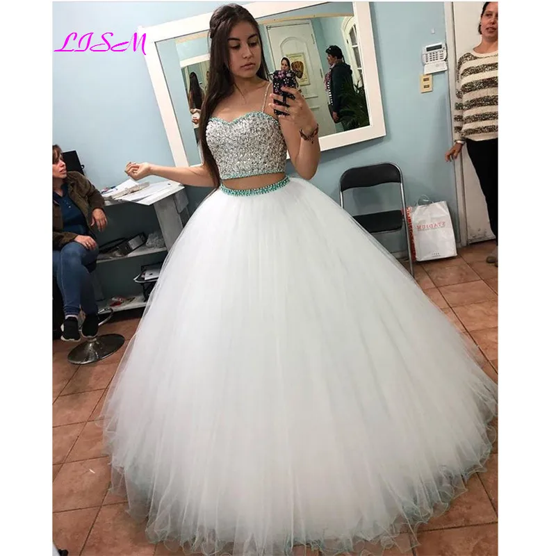 Twee Stukken Baljurk Quinceanera Jurk Sexy Spaghettibandjes Crystal Kralen Plus Size Meisjes Zoete 16 Jurken Tulle 15 Jaar gown