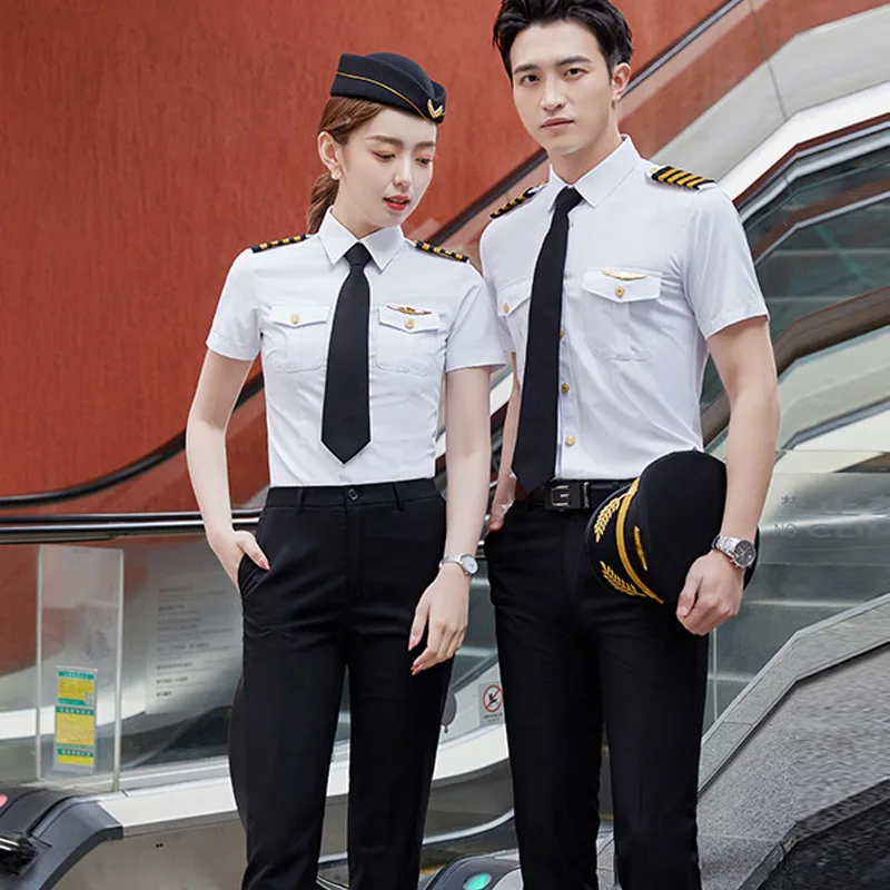 Aviation Pilot White Shirt Men Summer Short Sleeve Slim Air Force Captain Stewardess Pilot Uniform Office Work Cosplay Clothes