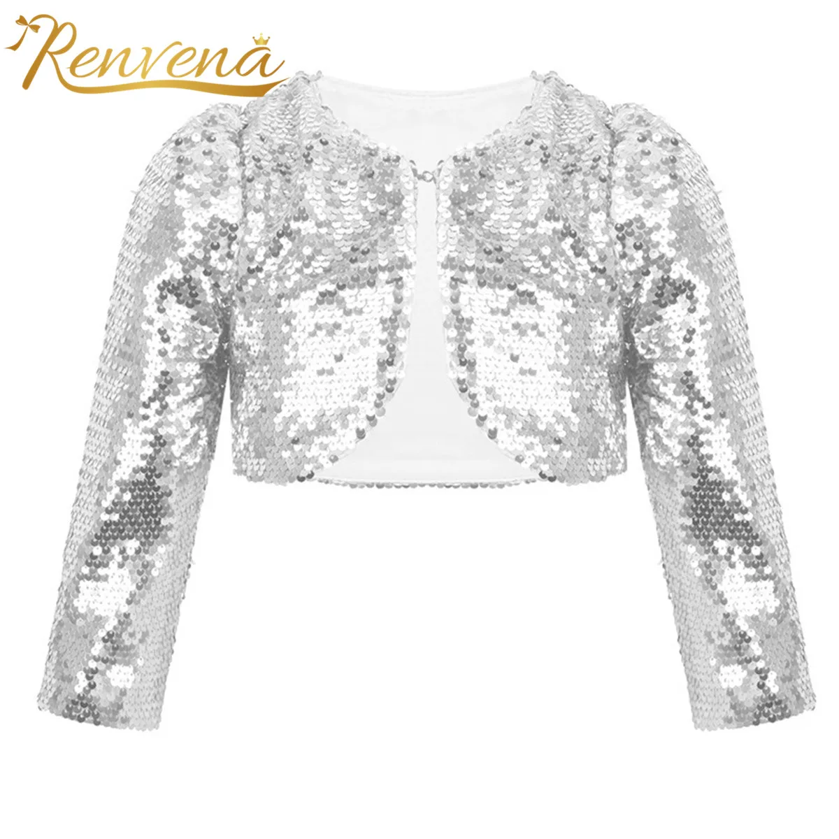 Fashion Kids Girls Shiny Sequins Bolero Shrug Cardigan Top Flower Girls Dress Shrug Wrap Long Sleeve Cropped Coats Short Jacket