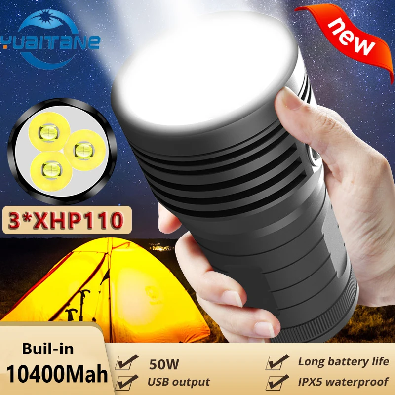 10400Mah Super Bright Flashlight XHP110 Ultra Powerful LED Searchlight Flash Light Power Bank Built-in 18650 Rechargeable Lamp