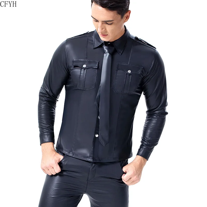 

Men Trend Wet Look Patent Leather Shirt Adult Party Shirt Turn-down Collar Long Sleeve Button Down Slim Fit Nightclub Shirts