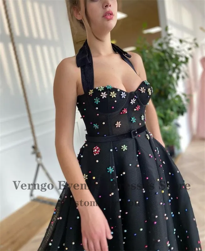 Verngo – robe de bal de forme trapèze, en Tulle noir, avec fleurs colorées, perles, col licou, ceinture, longueur thé, robe de soirée formelle, nouvelle collection