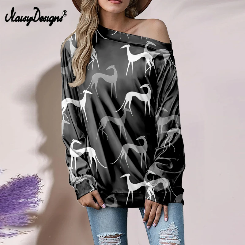 Noisydesigns Women Blouses And Shirt Black Greyhound Dogs Animals Prints Female Loose Autumn Off Shoulder Top Chic Dropshipping