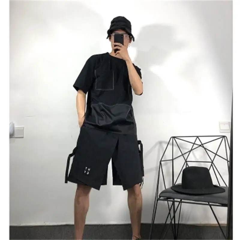 Original summer tide men dark line splicing loose short-sleeved t-shirt Yubari simple personality round collar jacket