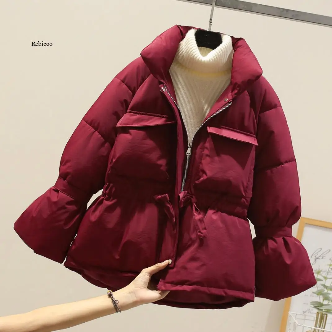 Winter Fashion Women Down Cotton Jacket Overcoat Korean Ladies Short Coats Warm Outwear Thick Parkas Sash Tie Up Short Snow Coat