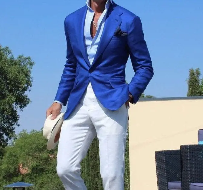 Casual Business 2 Piece Slim Fit Costume Made Suits Men Male Suit Beach Holiday Costume Homme Royal Blue Jacket White Pants