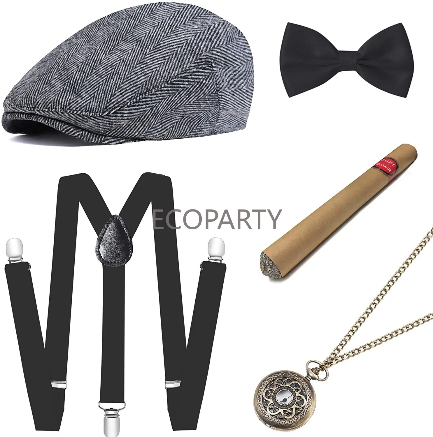 1920s Mens Gatsby Gangster Costume Accessories Set 30s Manhattan Fedora Hat Suspenders 1920s great gatsby