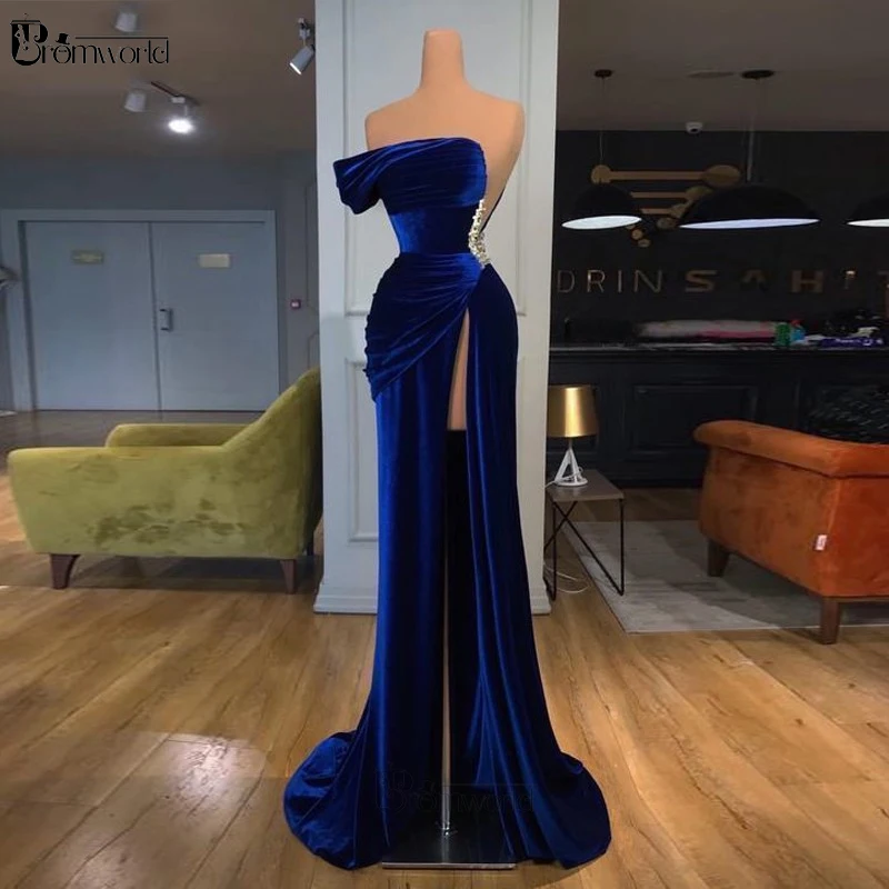 Royal Blue Mermaid Long Evening Dress Strapless Robe De Soiree Velvet Dubai Formal Gowns High Split Sexy Prom Dresses Long