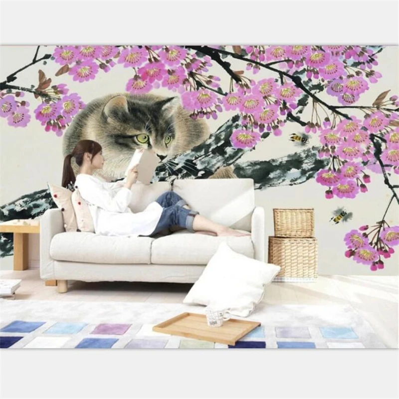 3DBEIBEHANG Wallpaper custom wallpaper living room bedroom pen Chinese painting cat fun magnolia Chinese TV background wall