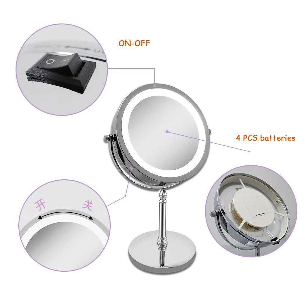 7 인치 360 ° 회전 더블 사이드 cosmeticMirror 10x 돋보기 LED 조명 화장 대 거울을 확인