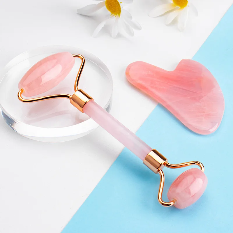 Pink Rose Quartz Jade Massager Roller Gouache Scraper Set Natural  Crystal Stone Gua Sha Board Face Skin Care Beauty Tool