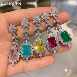KNRIQUEN 8*12mm Paraiba Tourmaline Ruby Emerald Quartz Topaz Gemstone Earrings for Women Party Wedding Fine Jewelry Elegant Gift
