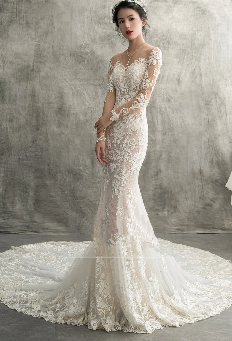 Robe de mariée sirène Champagne, longue, Illusion de cou, dentelle florale, Vintage, 2019