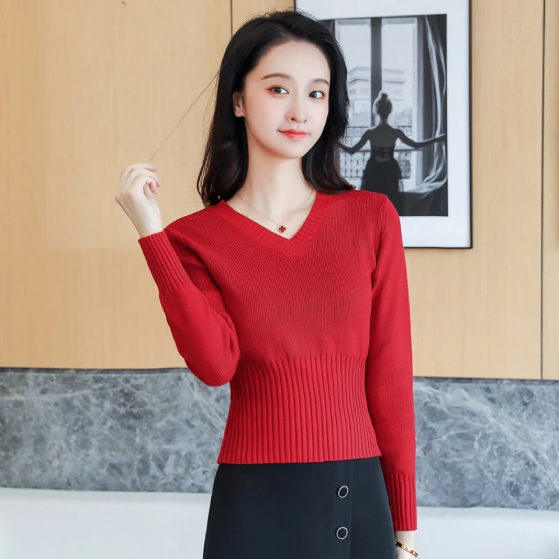 

Women's Comfortable Knitting Pullover Sweaters Solid V-Neck Long Sleeves Elastic Slim Women Knitted Jumper Autumn Spring 2021