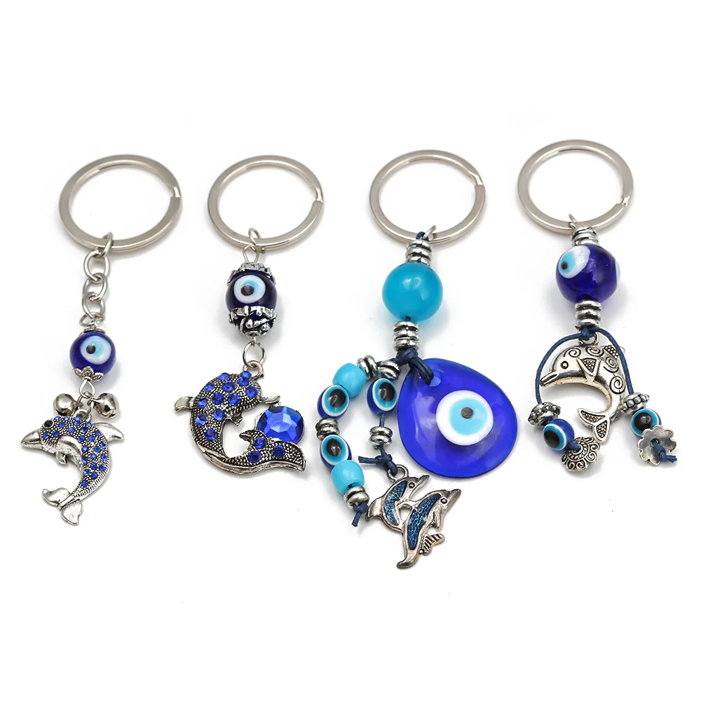 EVIL EYE Elephant Tortoise Fatima Hand Blue Turkish Evil Eye Keychain Silver Color Alloy Key Chain Holder for Women Men EY1083