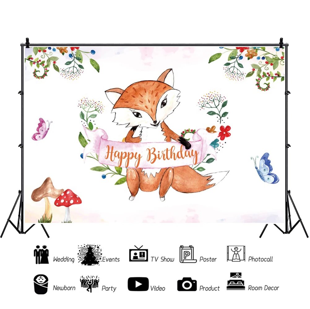 Laeacco การ์ตูนวันเกิดพื้นหลังสีน้ำ Fox ผีเสื้อแสดง Custom Portrait ถ่ายภาพฉากหลัง Photocall