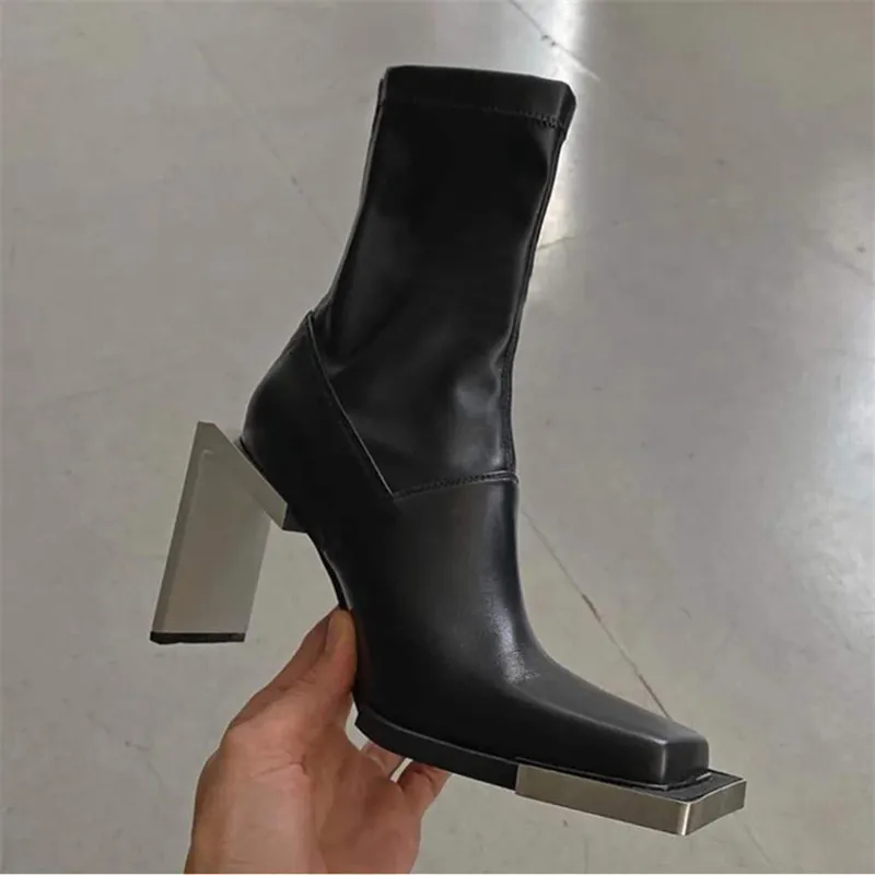 Metal Strange 8CM High Heel Women Ankle Boots Genuine Leather Square Toe Botas Mujer Ladies Slim Fit Sock Boot Dress Shoes Woman