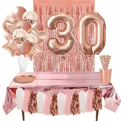 Globos de papel de aluminio para decoración de fiesta de cumpleaños, cortinas con flecos de oropel, mantel, pajitas de bebida, oro rosa, 18, 27, 30, 35, 40, 50, 60