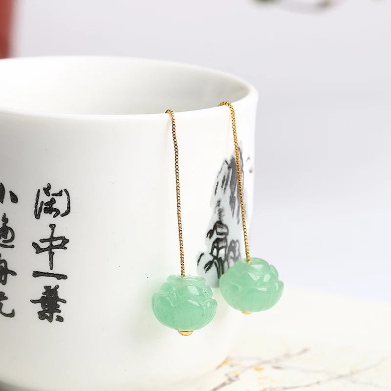 Koraba lotus Jade Earrings Protect Safety Charm Jade Clasp Elegant Jewelry Dangle Earrings for Women Gold Ear Hook