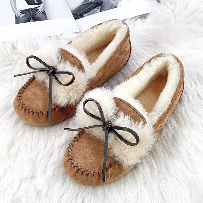 

High Quality 100% Genuine Leather Natural Fur Women Flat Shoes Fashion Casual Loafers Women Shoes Moccasins Female Driving Shoes