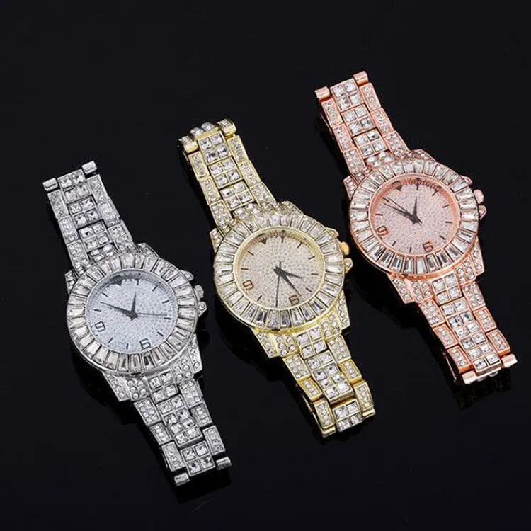 Hip Hop Luxury Mens Iced Out CZ Waterproof Baguette Watches Date Quartz Wrist Watches With Micropave Alloy Watch For Men Jewelry