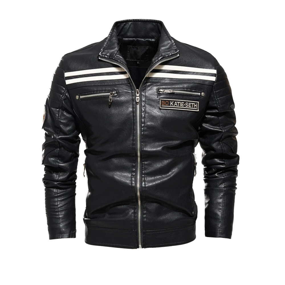 

New Leather Jacket Men Autumn Winter Fleece Motorcycle PU Faux Leather Jacket Male Stand Collar Casual Windbreaker Slim Coat 213