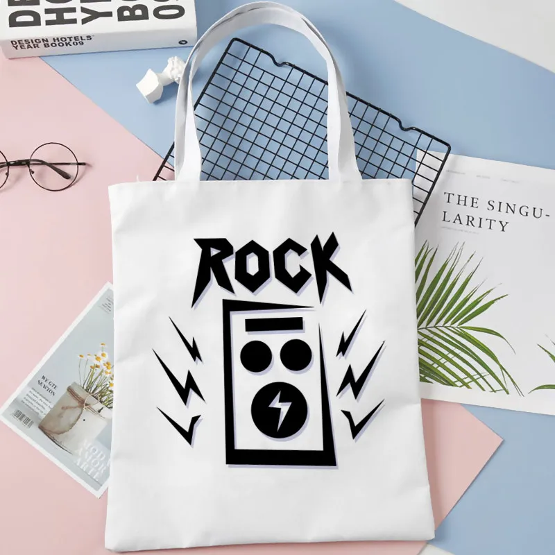 Rock N Roll Graphic Print Shopping Bag Tote Bags Shoulder Bag Canvas Bags Large Capacity College Handbag,Drop Shipping