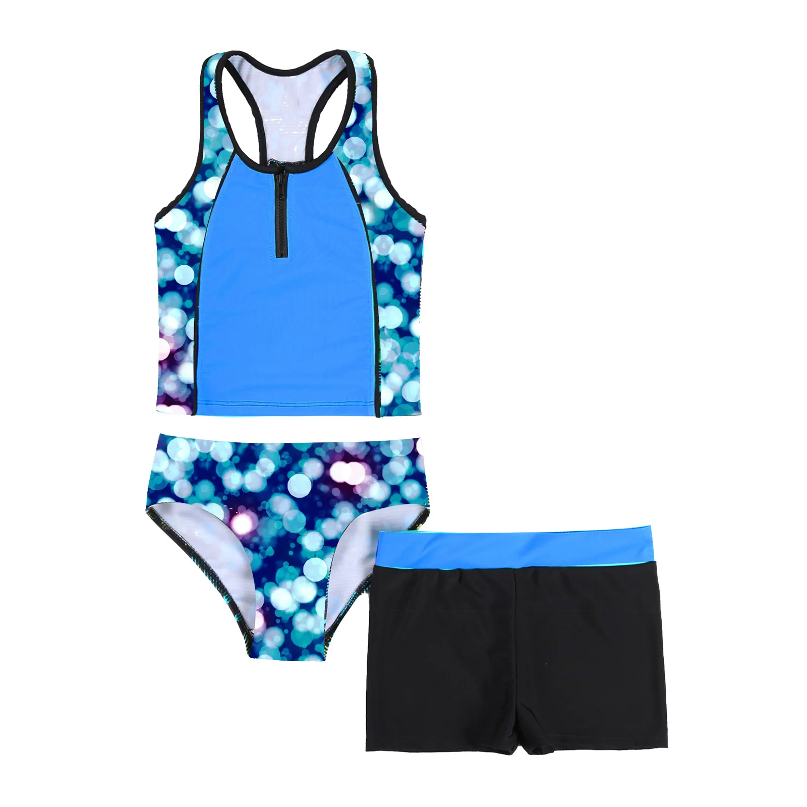 4-16 Years Kids Girls Tankini Set 3 Piece Floral Print Sleeveless Racerback Tank Vest Shirt Short and Bikini Triangle Swimwear