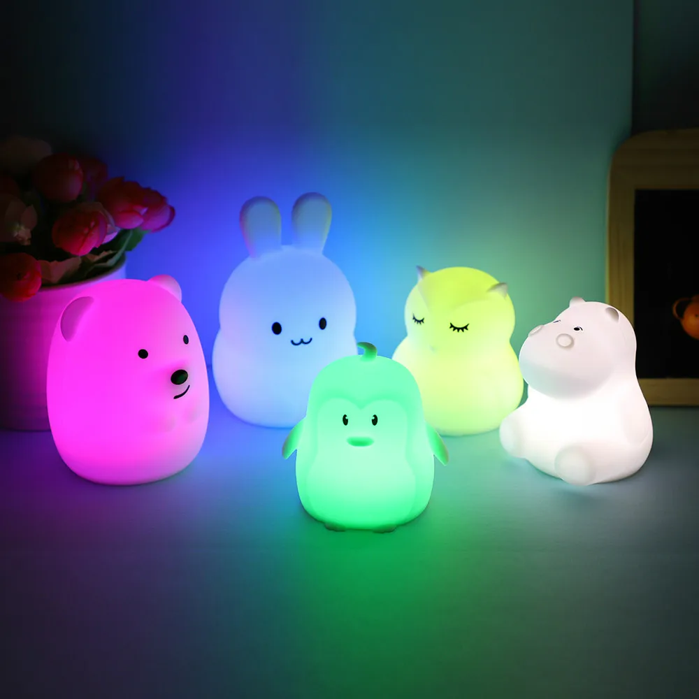 Cartoon Mini Bear Hippo LED Night Light 9 Colors Silicone Bunny Animal Lamp Bedroom Bedside Lamp for Children room