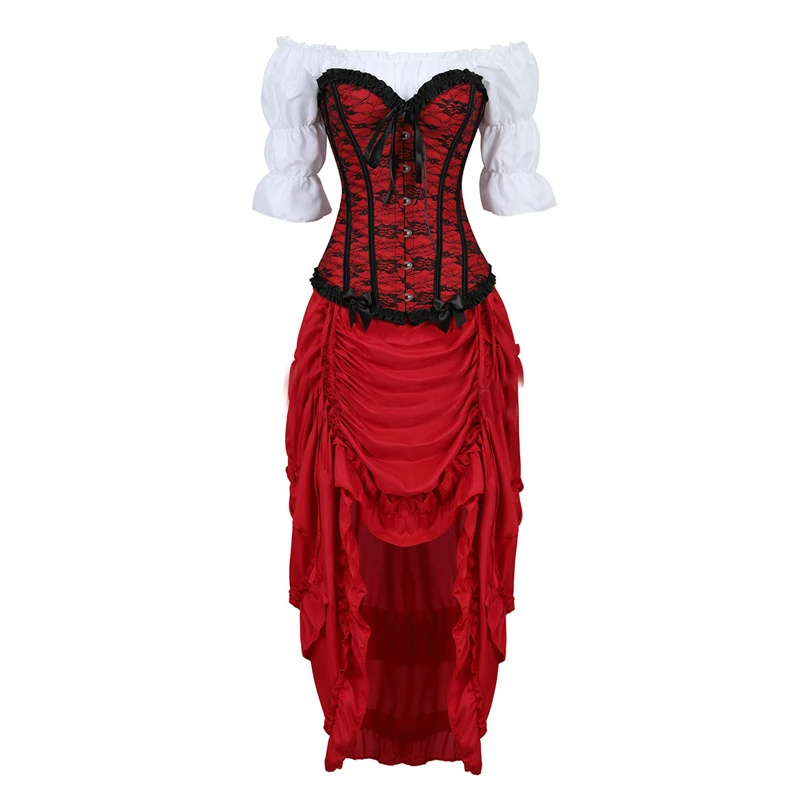 

Dress with Corset Women's Sexy Lace Print Black Ribbon Bow Trim Corset Top Three-Piece Front High and Low Irregular Corset Skirt