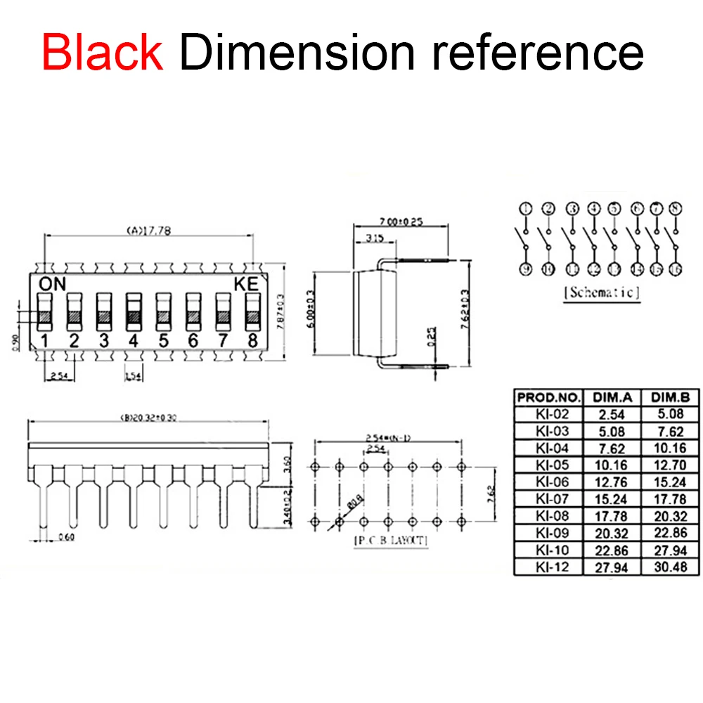 5PCS KI BLACK Gold 1/2/3/4/5/6/8 Position Bit DIP Switch Doule Row Pitch 2.54MM Slide Switches Dial Switch