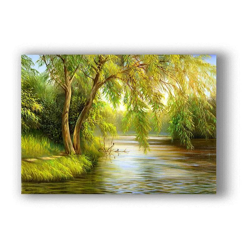 Mountains Nature Landscape River Painting Forest Boat Cottage Art White Coated Paper Poster Wall Pictures Prints Home Decor