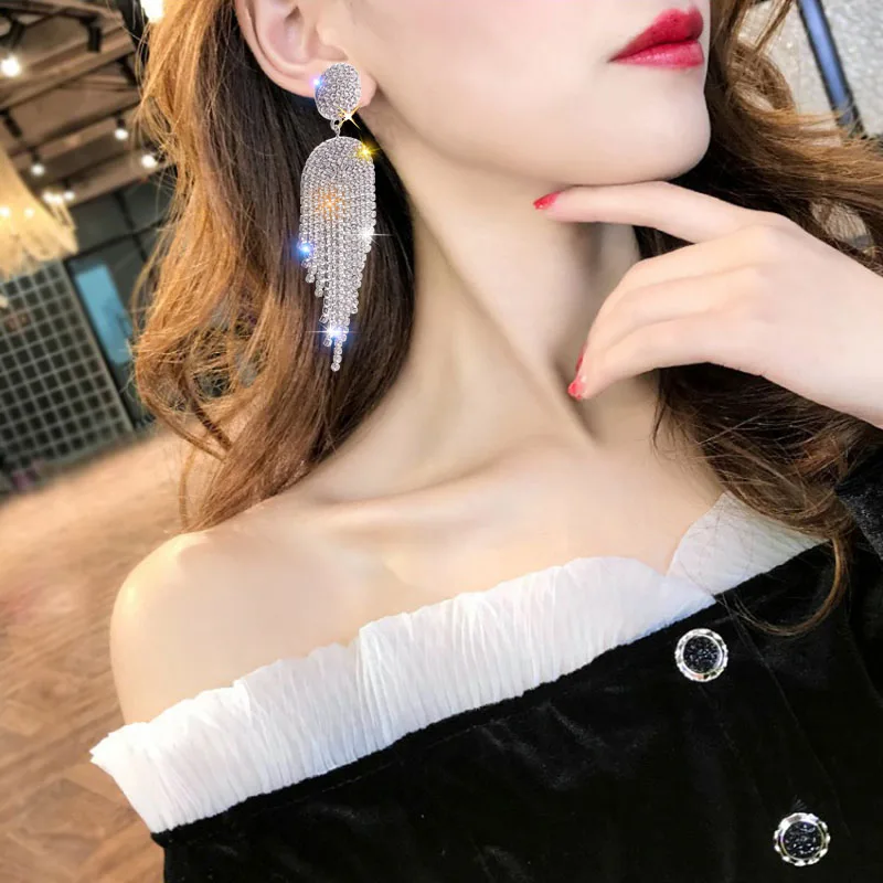 Long Tassel Crystal Drop Earrings for Women Bijoux Geometric Full Rhinestone Earrings Statement Jewelry Gifts A436