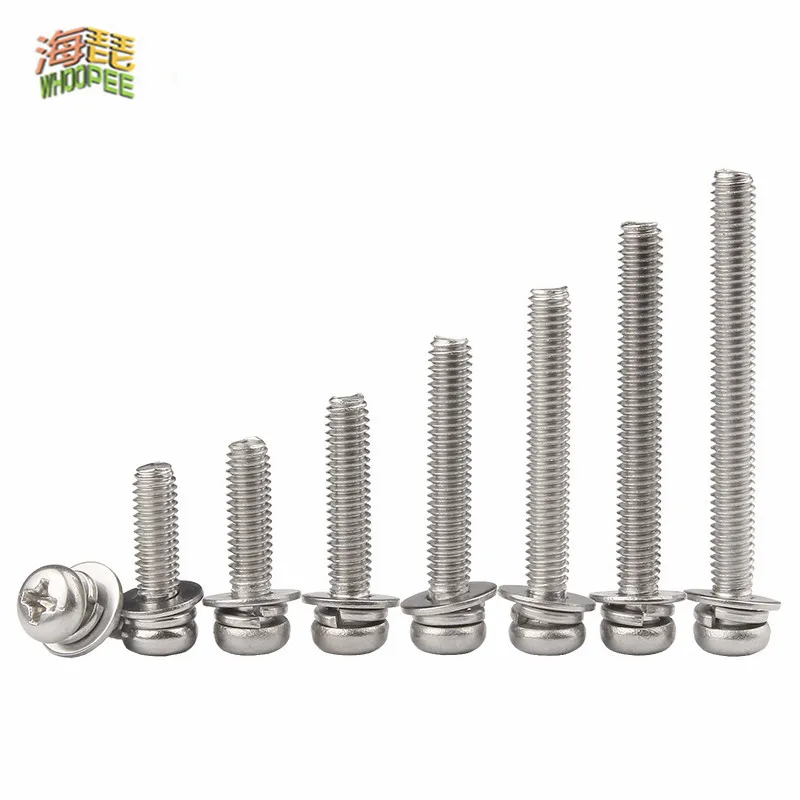 M1.6 M2 M2.5 M3 M4 M5 M6 M8 304 Chữ Thập Bằng Thép Không Gỉ Tròn Phillips Chảo Đầu SEM Vít Dẹp Máy Giặt mùa Xuân Gioăng Lắp Ráp Bu Lông