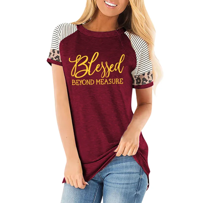 Blessed Beyond Measure Women T Shirt Harajuku Aesthetic Top Graphic Tees Shirt Female Short Sleeve Women striped leopard Tee Top