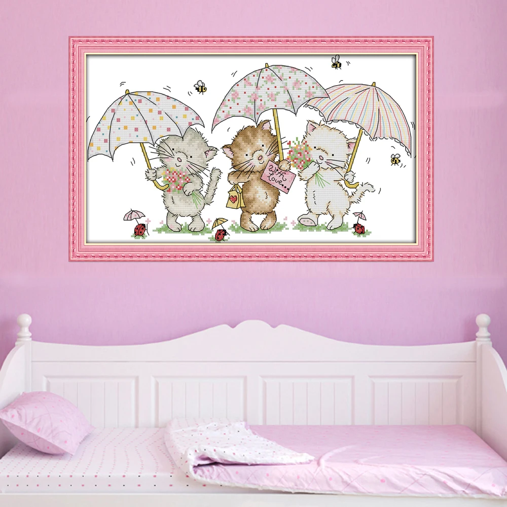 New Arrival JoySunday Cross Stitch Kits 11&14CT DIY DMC Cross Stitch Kit Three Little Kittens Under The Umbrella Embroidery Kits