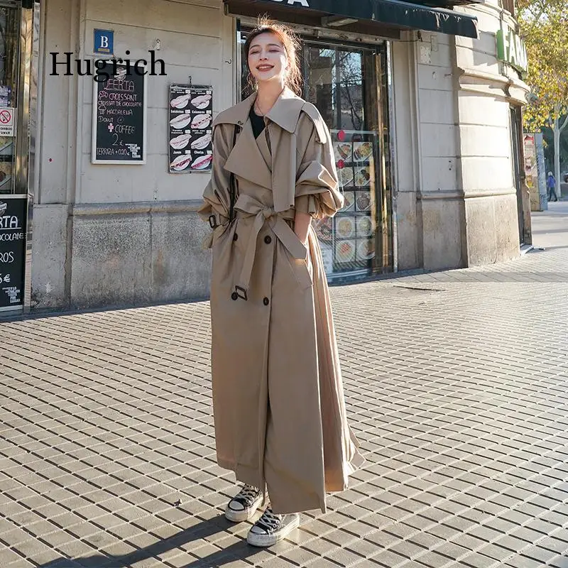 Korean Style Loose Oversized Long Women's Trench Coat Double-Breasted Belted Lady Cloak Windbreaker Spring Fall Outerwear