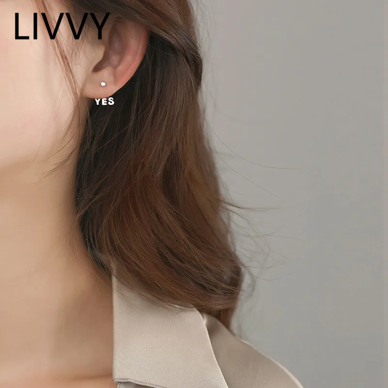 

LIVVY Silver Color Japanese-Korean Style YES NO Letter Asymmetrical Ear Stud Woman Simple Fashion Exquisite Jewelry